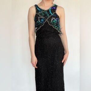 Laurence Kazar Vintage 100% Silk Beaded Maxi Dress Formal Black Teal Halter L